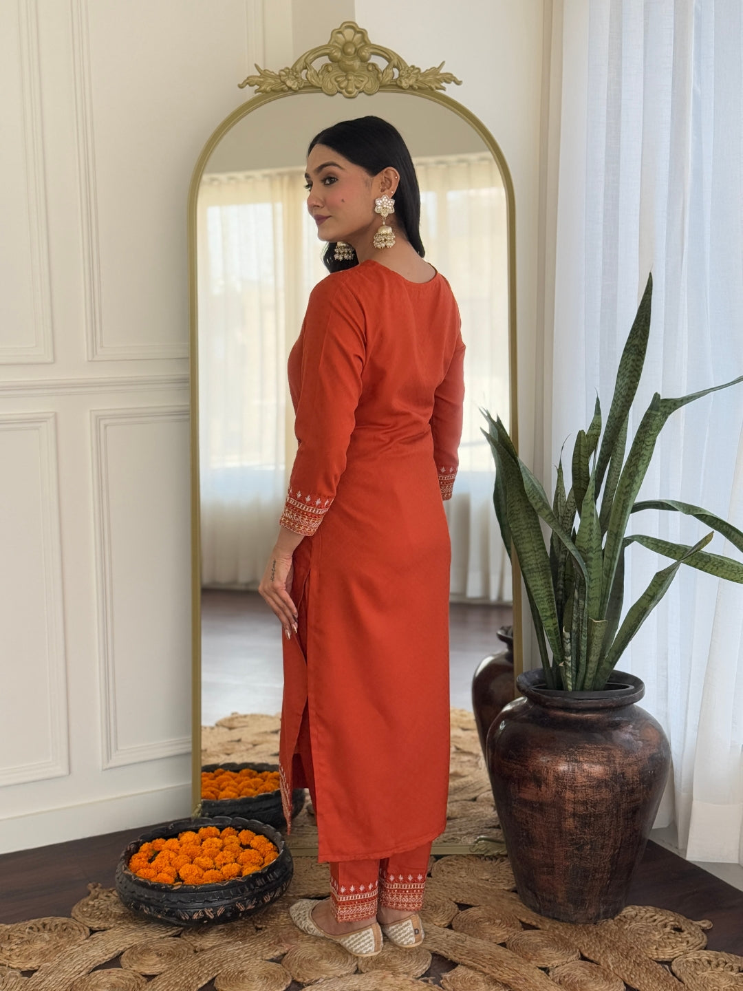Orange Color Viscose Slub Kurti Embroidery With Pant And Dupatta Set