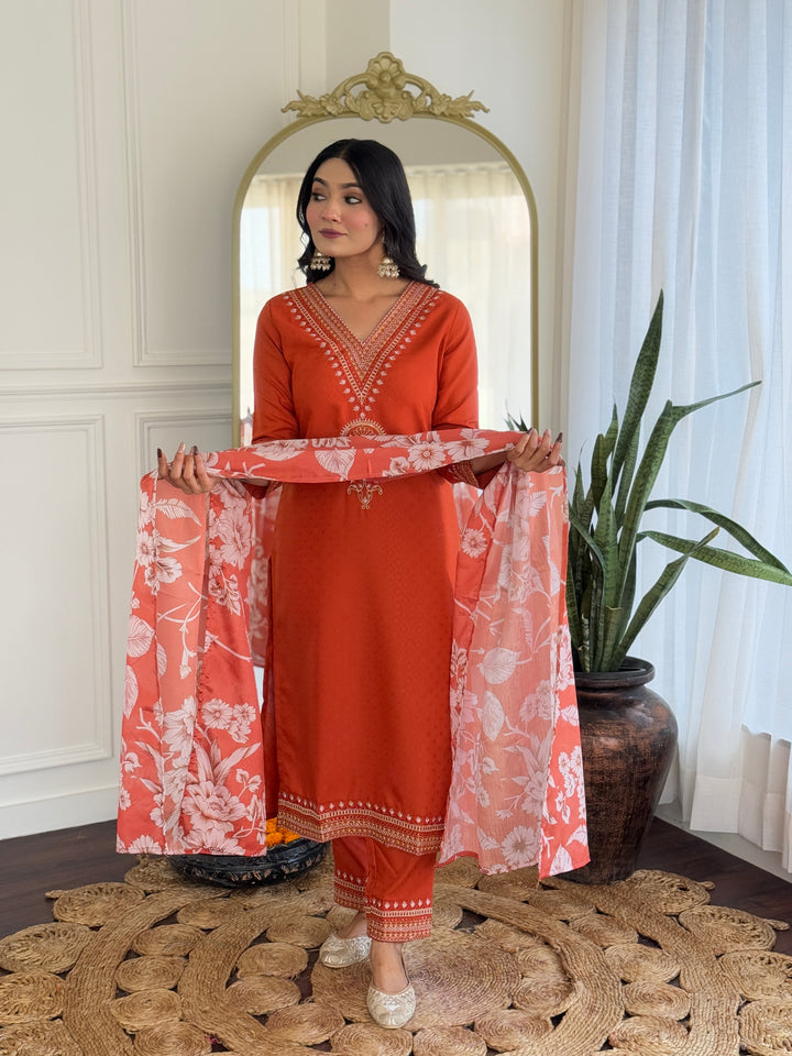 Orange Color Viscose Slub Kurti Embroidery With Pant And Dupatta Set