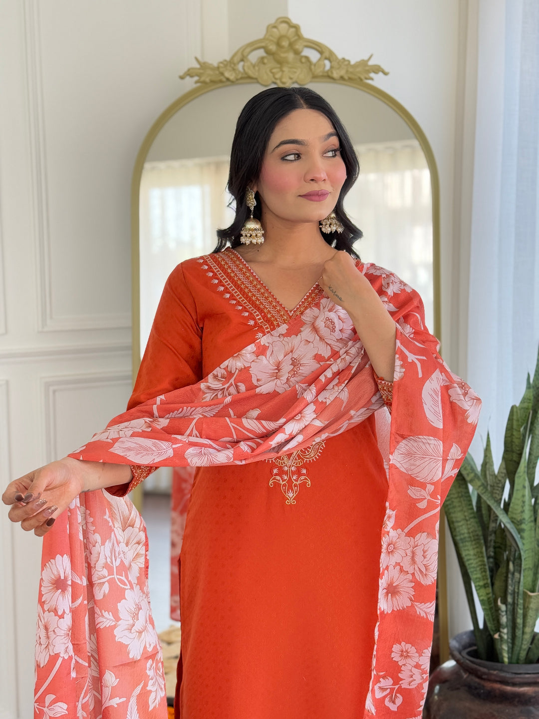 Orange Color Viscose Slub Kurti Embroidery With Pant And Dupatta Set