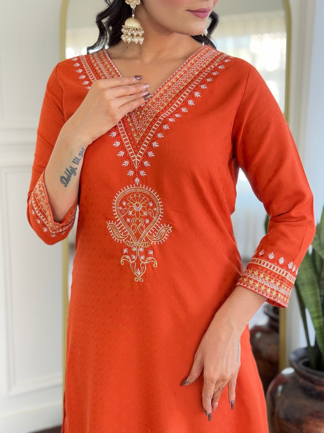 Orange Color Viscose Slub Kurti Embroidery With Pant And Dupatta Set