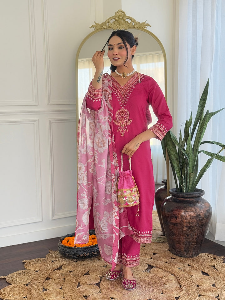 Rani Color Viscose Slub Kurti Embroidery With Pant And Dupatta Set