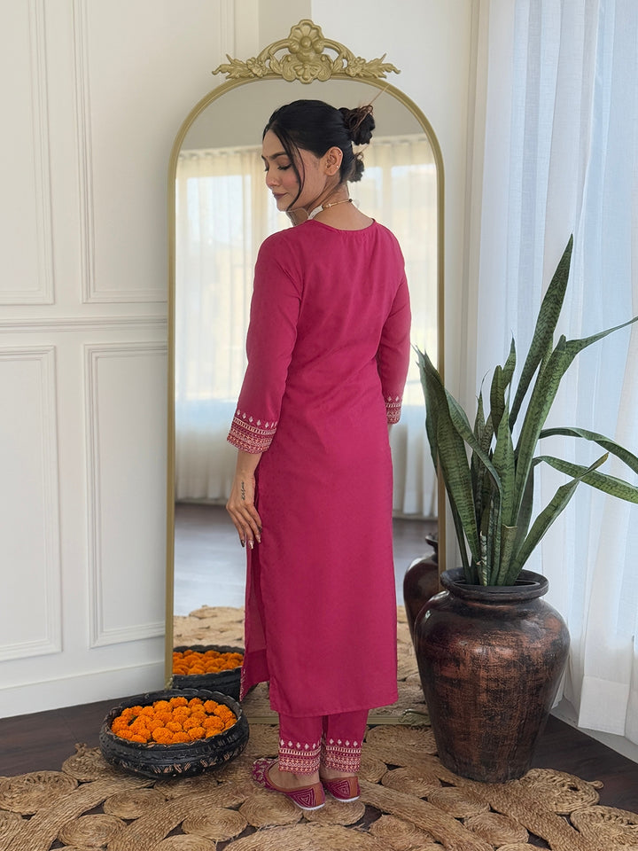 Rani Color Viscose Slub Kurti Embroidery With Pant And Dupatta Set