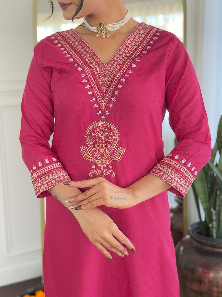 Rani Color Viscose Slub Kurti Embroidery With Pant And Dupatta Set
