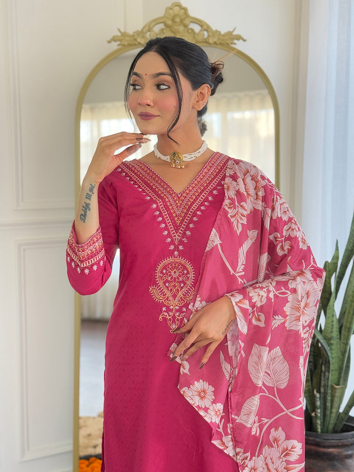 Rani Color Viscose Slub Kurti Embroidery With Pant And Dupatta Set