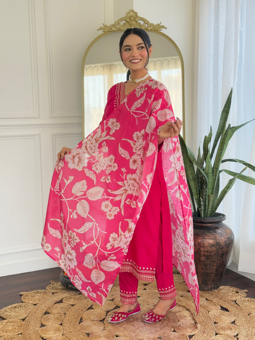 Rani Color Viscose Slub Kurti Embroidery With Pant And Dupatta Set