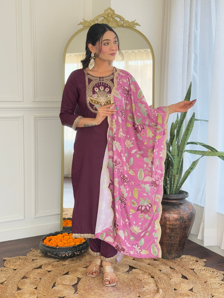 Wine Color Viscose Rayon Kurti Embroidery With Pant And Dupatta Set