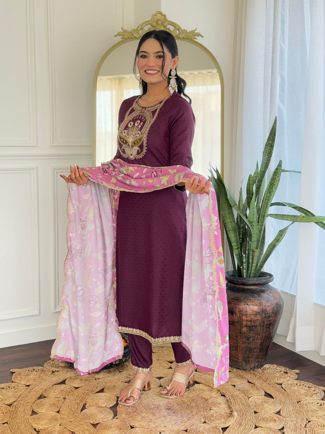 Wine Color Viscose Rayon Kurti Embroidery With Pant And Dupatta Set