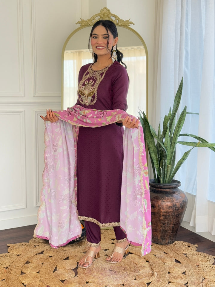 Wine Color Viscose Rayon Kurti Embroidery With Pant And Dupatta Set