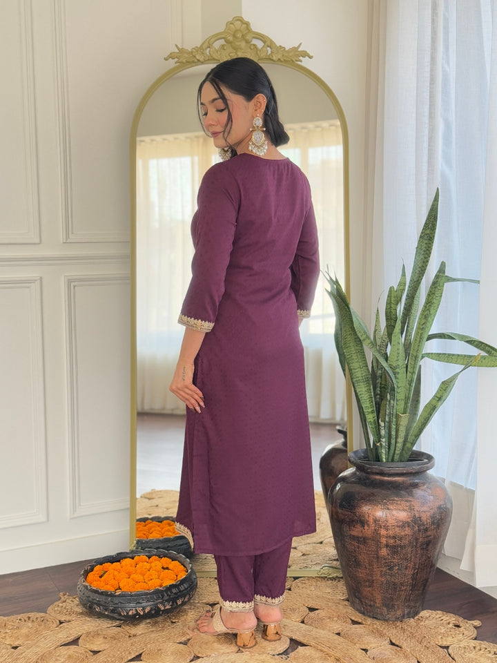 Wine Color Viscose Rayon Kurti Embroidery With Pant And Dupatta Set