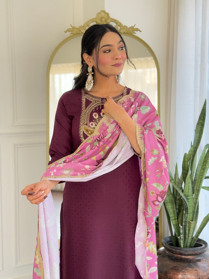 Wine Color Viscose Rayon Kurti Embroidery With Pant And Dupatta Set