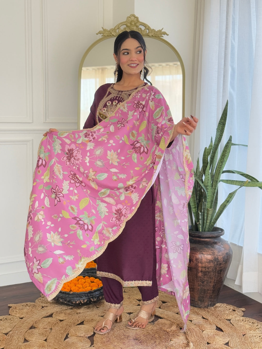 Wine Color Viscose Rayon Kurti Embroidery With Pant And Dupatta Set