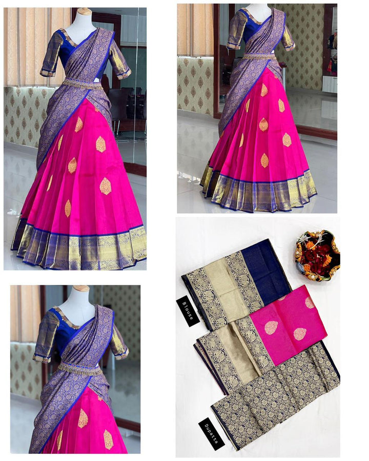 Dark Pink color Kanjiveram Silk With Banarashi Silk Zari Work Half Saree Lehenga Choli