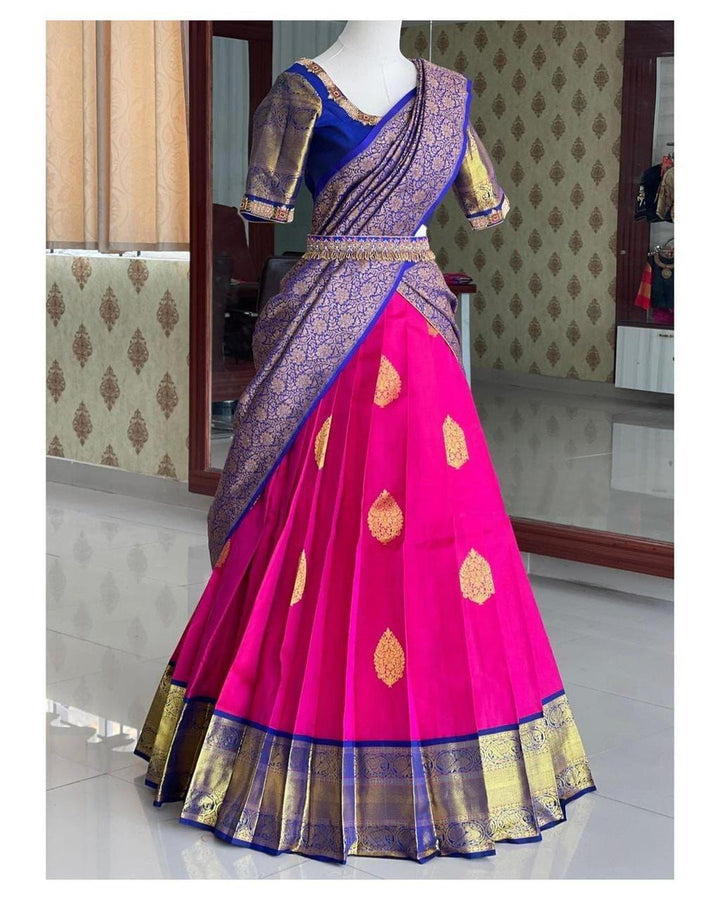 Dark Pink color Kanjiveram Silk With Banarashi Silk Zari Work Half Saree Lehenga Choli