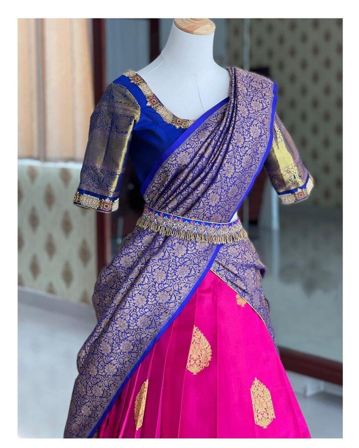 Dark Pink color Kanjiveram Silk With Banarashi Silk Zari Work Half Saree Lehenga Choli