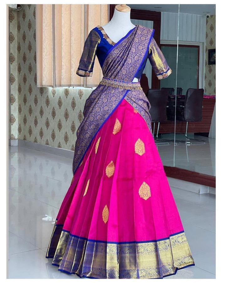 Dark Pink color Kanjiveram Silk With Banarashi Silk Zari Work Half Saree Lehenga Choli