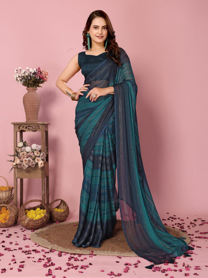 Teal Blue Color Nylone Saree With Beautiful Blouse