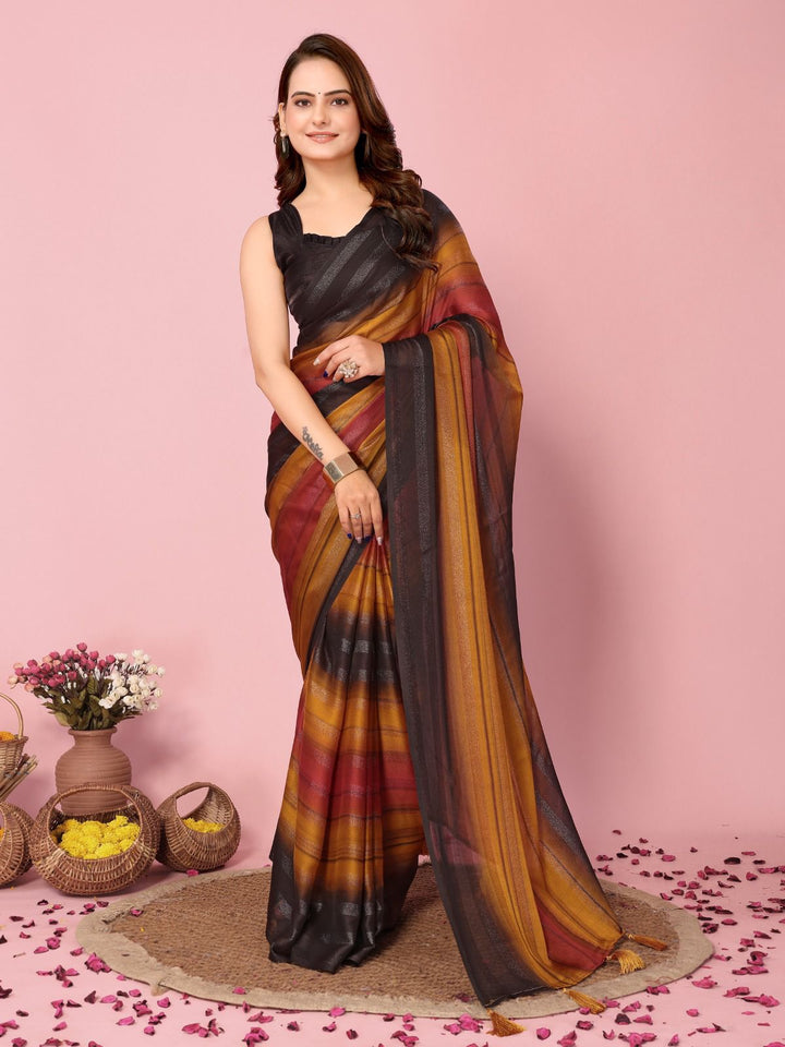 Brown Color Nylone Saree With Beautiful Blouse