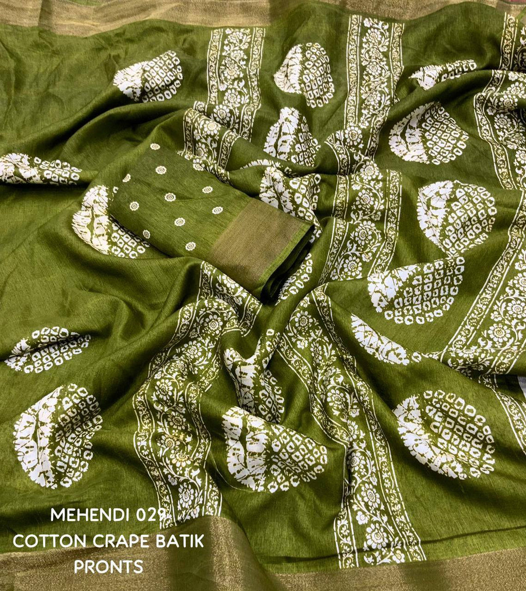 Green Color Dola Cotton Saree Mill Print With Unstitched Blouse Piece