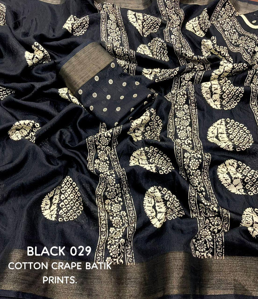 Black Color Dola Cotton Saree Mill Print With Unstitched Blouse Piece