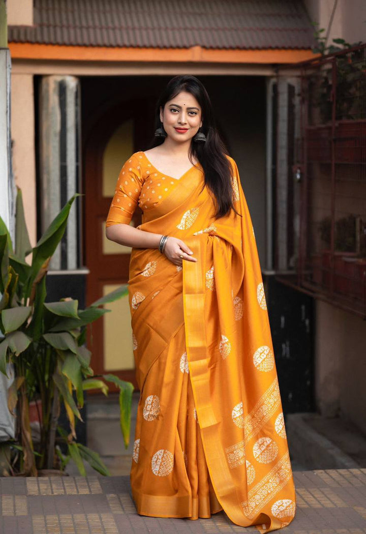 Yellow Color Dola Cotton Saree Mill Print With Unstitched Blouse Piece