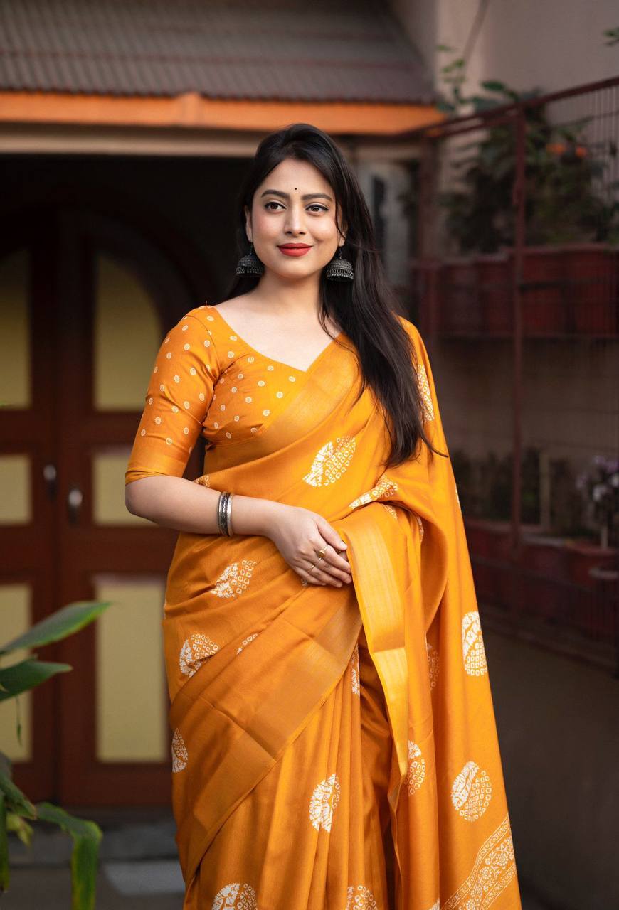 Yellow Color Dola Cotton Saree Mill Print With Unstitched Blouse Piece