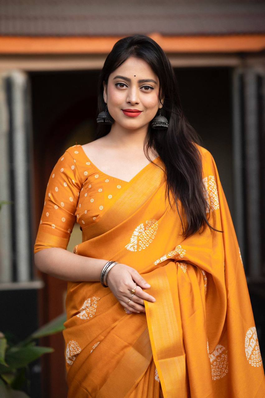 Yellow Color Dola Cotton Saree Mill Print With Unstitched Blouse Piece