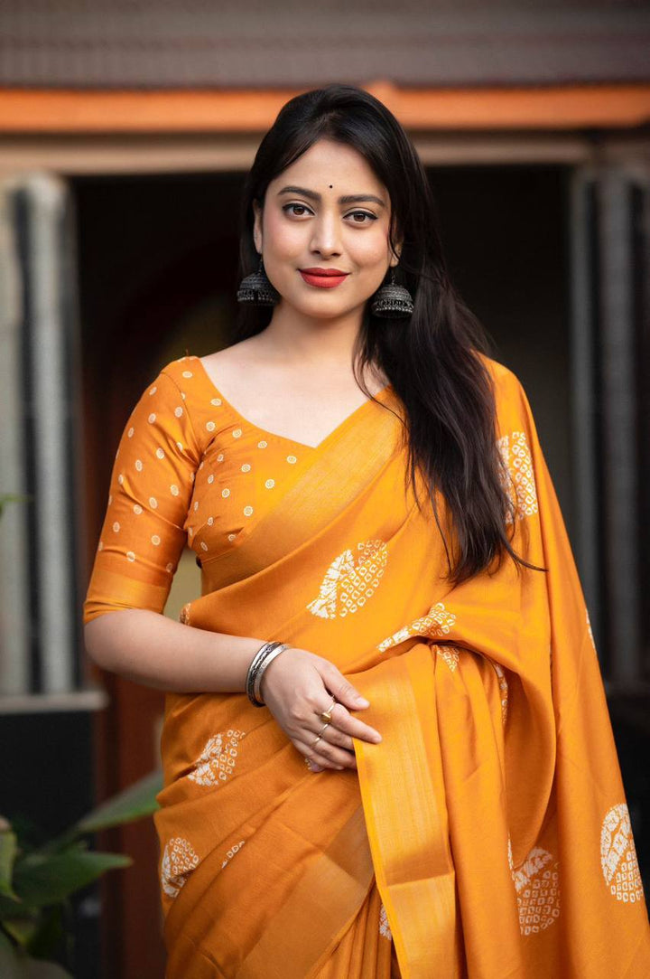Yellow Color Dola Cotton Saree Mill Print With Unstitched Blouse Piece