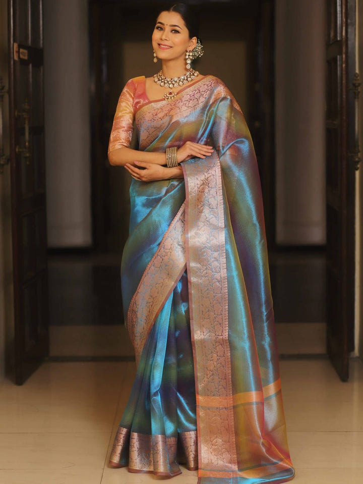 Rainbow Shining Color Tissue Silk With Beautiful soft Jacquard Border