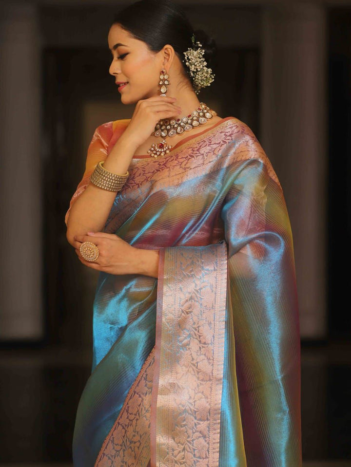 Rainbow Shining Color Tissue Silk With Beautiful soft Jacquard Border
