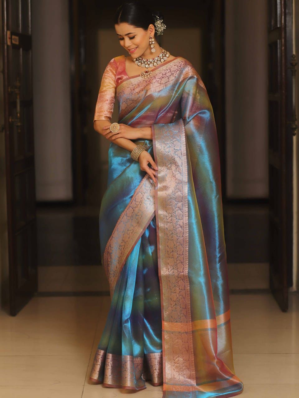 Rainbow Shining Color Tissue Silk With Beautiful soft Jacquard Border