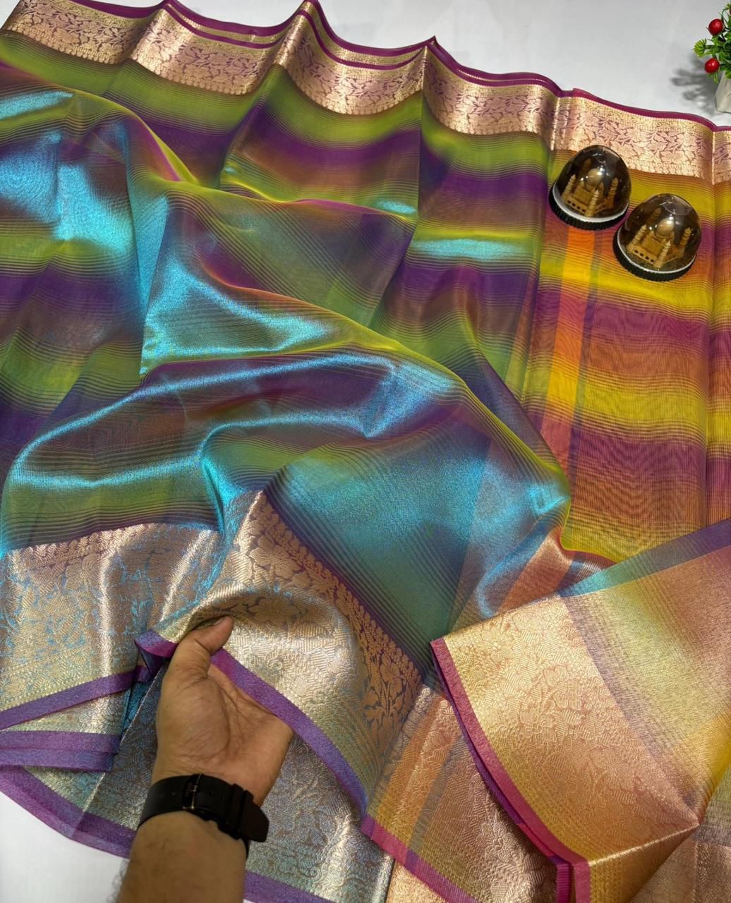 Rainbow Shining Color Tissue Silk With Beautiful soft Jacquard Border