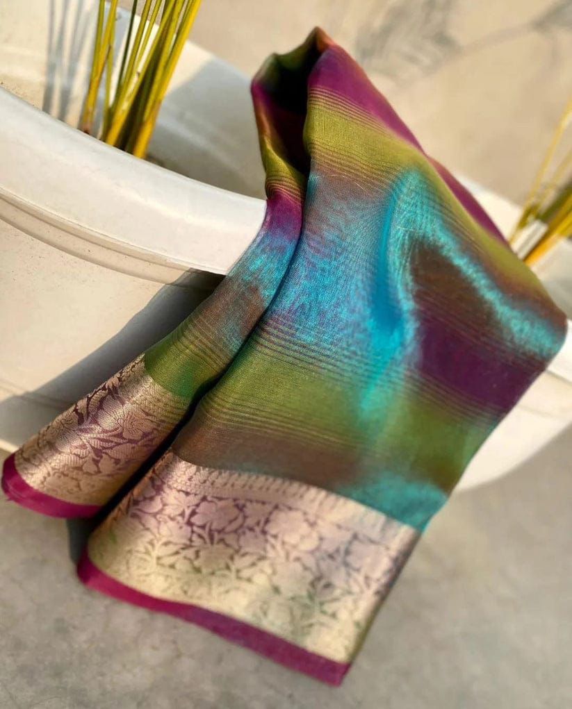 Rainbow Shining Color Tissue Silk With Beautiful soft Jacquard Border