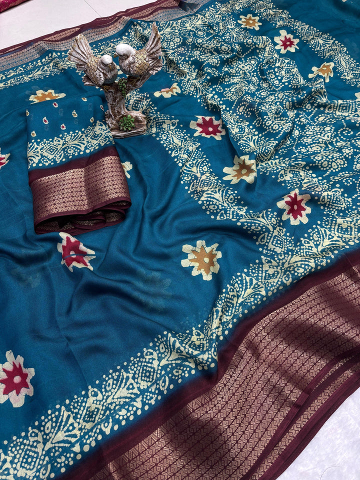 Teal Blue Color Soft Blooming Marshmallow Jacquard Border and Contrast Blouse With Unstitched Blouse Piece