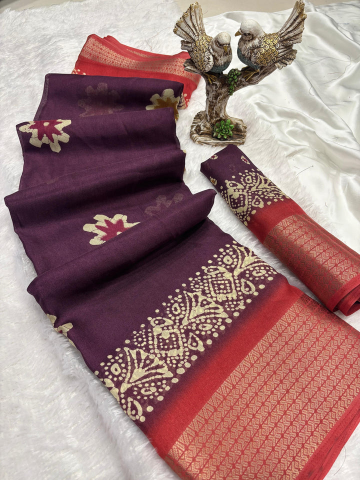 Purple Color Soft Blooming Marshmallow Jacquard Border and Contrast Blouse With Unstitched Blouse Piece
