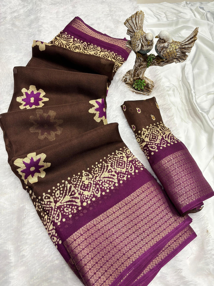 Brown Color Soft Blooming Marshmallow Jacquard Border and Contrast Blouse With Unstitched Blouse Piece
