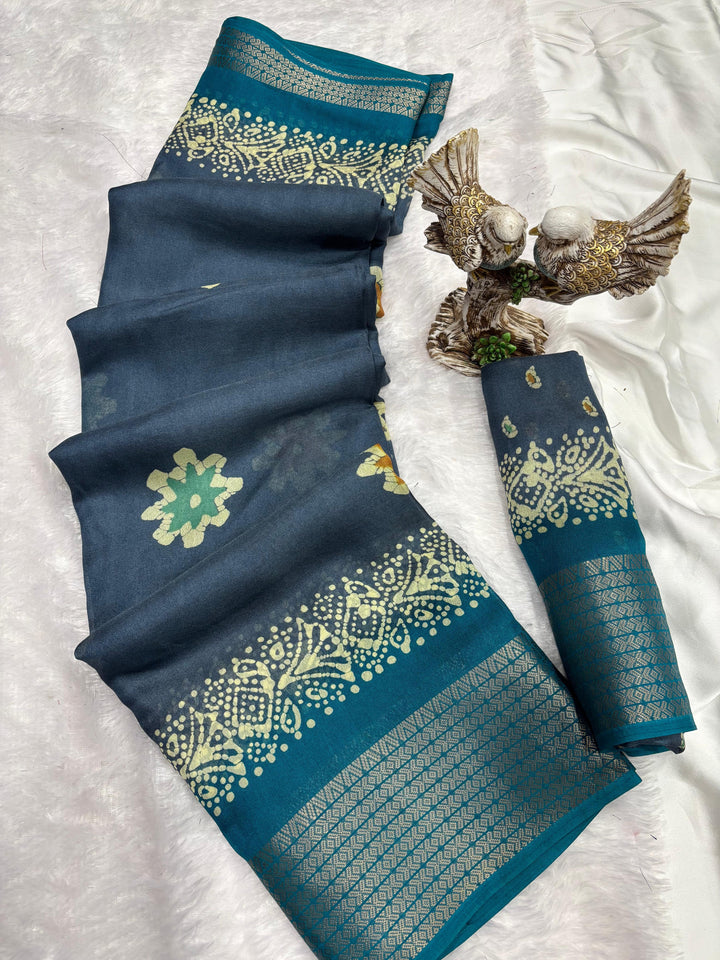 Sky Blue Color Soft Blooming Marshmallow Jacquard Border and Contrast Blouse With Unstitched Blouse Piece