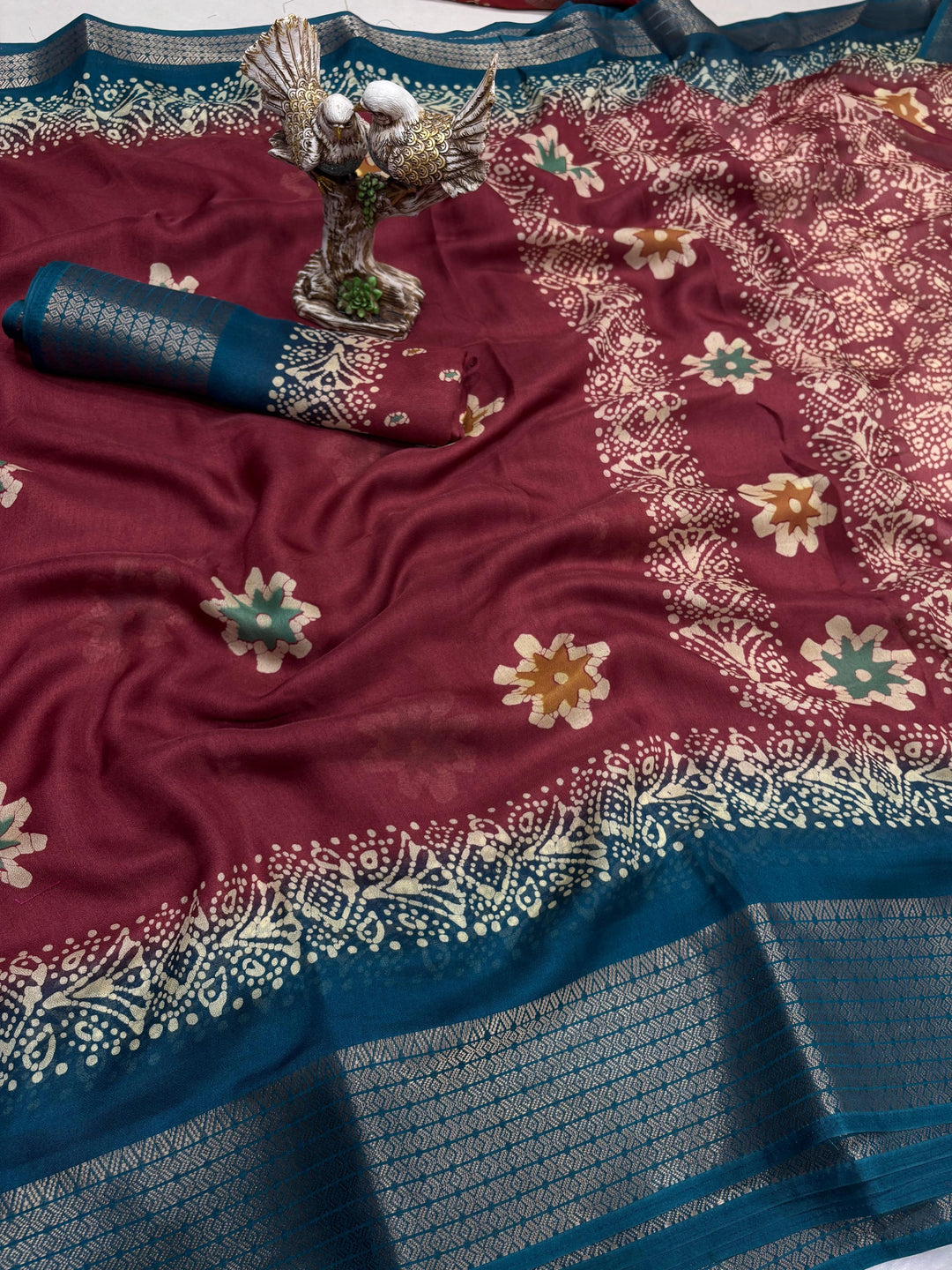 Red Color Soft Blooming Marshmallow Jacquard Border and Contrast Blouse With Unstitched Blouse Piece