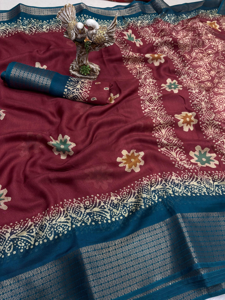 Red Color Soft Blooming Marshmallow Jacquard Border and Contrast Blouse With Unstitched Blouse Piece