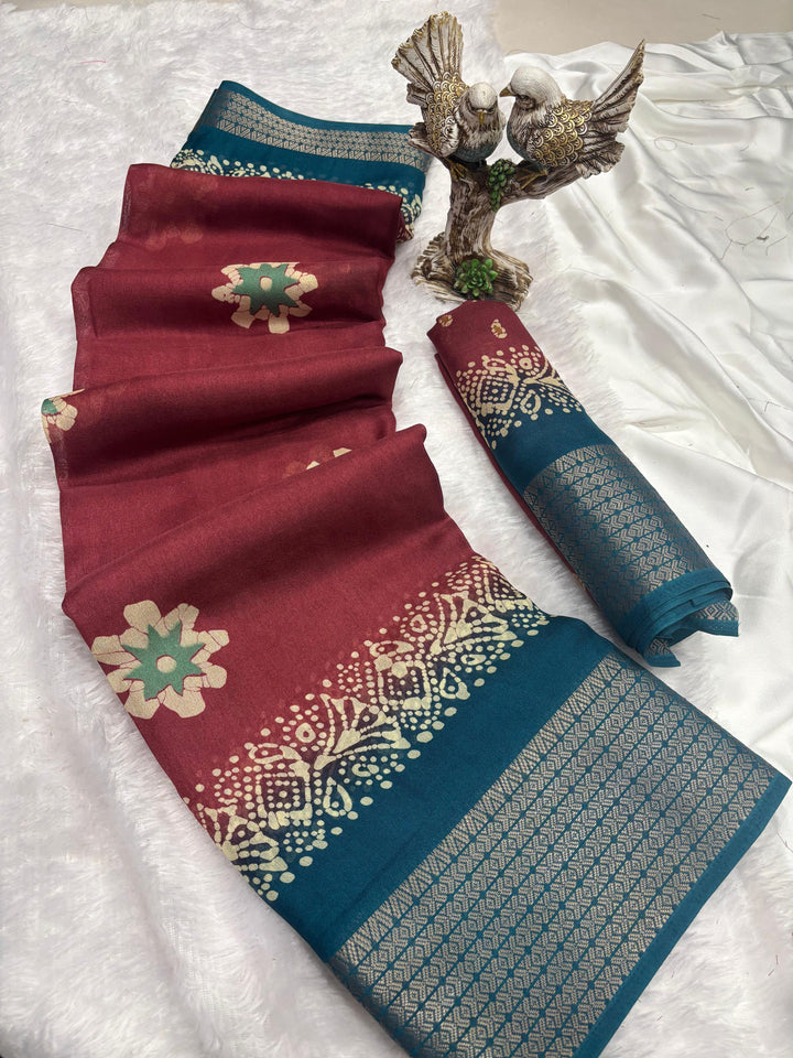 Red Color Soft Blooming Marshmallow Jacquard Border and Contrast Blouse With Unstitched Blouse Piece