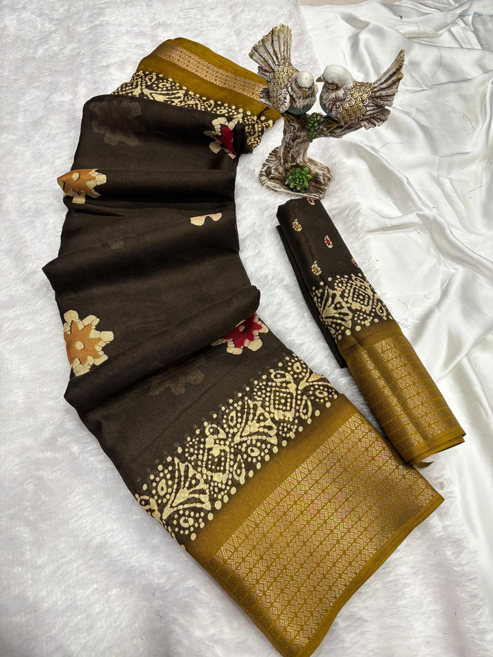 Mehendi Color Soft Blooming Marshmallow Jacquard Border and Contrast Blouse With Unstitched Blouse Piece