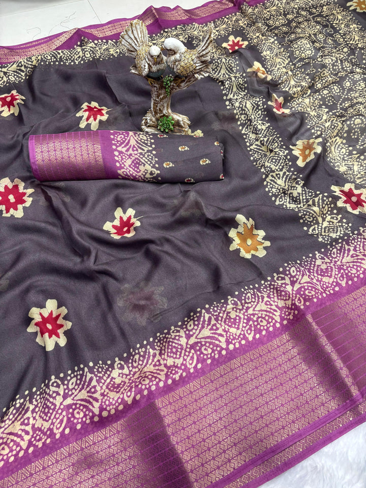 Gray Color Soft Blooming Marshmallow Jacquard Border and Contrast Blouse With Unstitched Blouse Piece