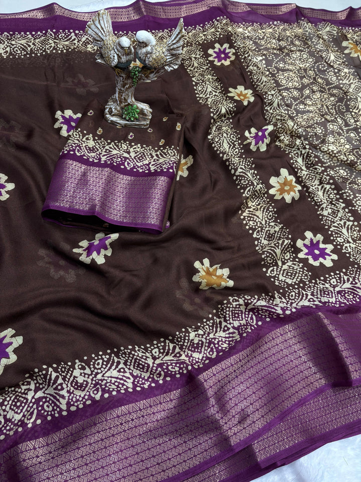 Brown Color Soft Blooming Marshmallow Jacquard Border and Contrast Blouse With Unstitched Blouse Piece
