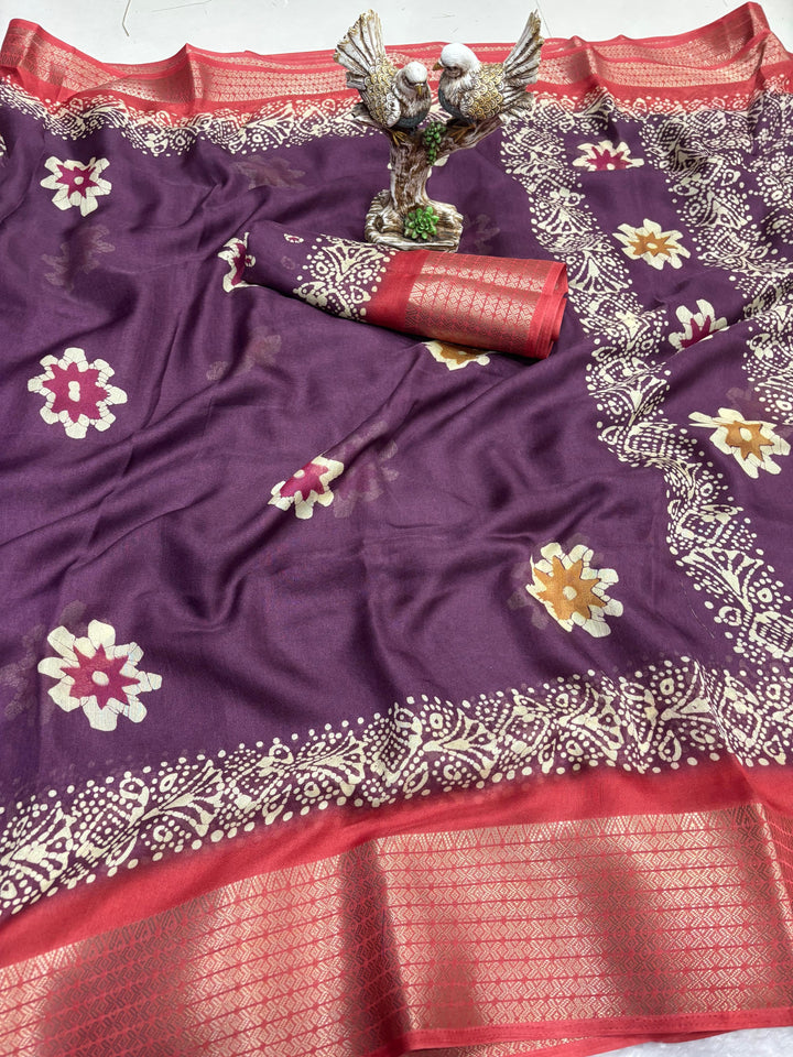 Purple Color Soft Blooming Marshmallow Jacquard Border and Contrast Blouse With Unstitched Blouse Piece