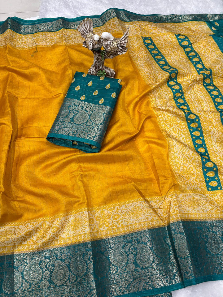 Yellow Color Soft Dola Cotton Saree With Kanjivaram Zari Border & Pallu Unstitched Blouse