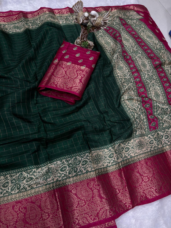 Green Color Soft Dola Cotton Saree With Kanjivaram Zari Border & Pallu Unstitched Blouse