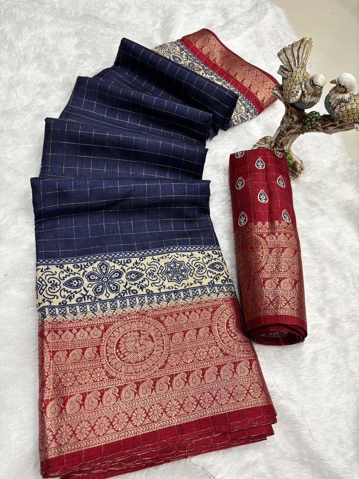 Navy Blue Color Soft Dola Cotton Saree With Kanjivaram Zari Border & Pallu Unstitched Blouse