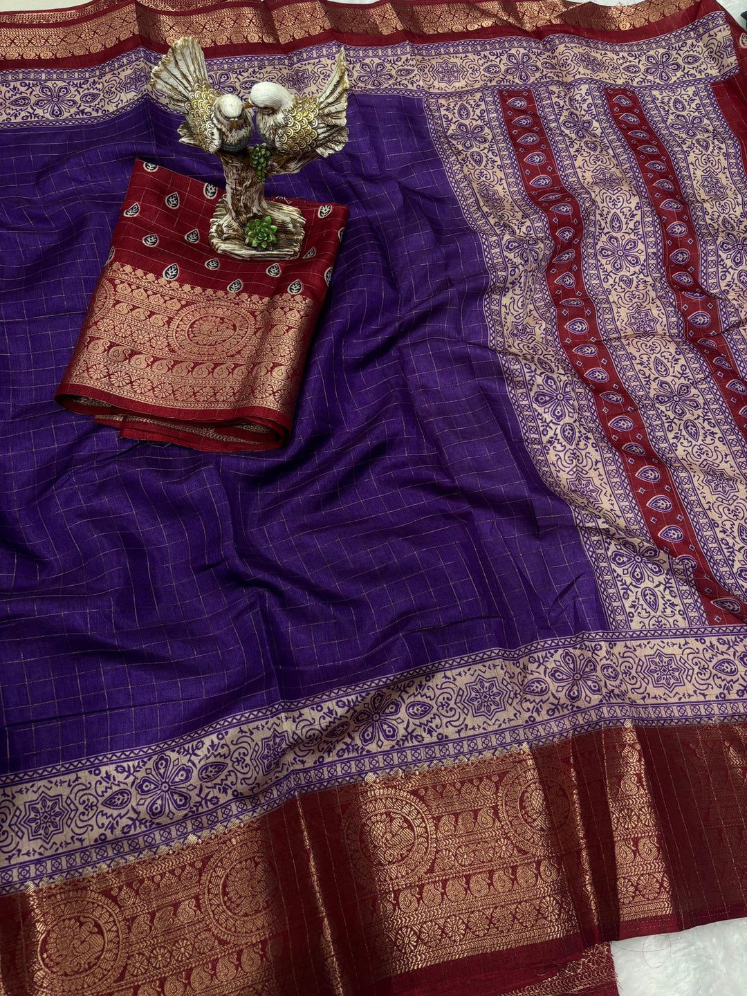 Purple Color Soft Dola Cotton Saree With Kanjivaram Zari Border & Pallu Unstitched Blouse