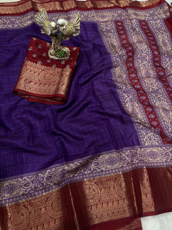 Purple Color Soft Dola Cotton Saree With Kanjivaram Zari Border & Pallu Unstitched Blouse