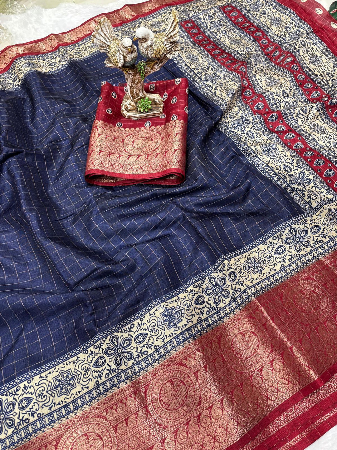 Navy Blue Color Soft Dola Cotton Saree With Kanjivaram Zari Border & Pallu Unstitched Blouse