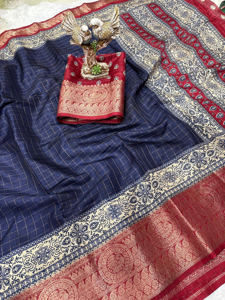 Navy Blue Color Soft Dola Cotton Saree With Kanjivaram Zari Border & Pallu Unstitched Blouse